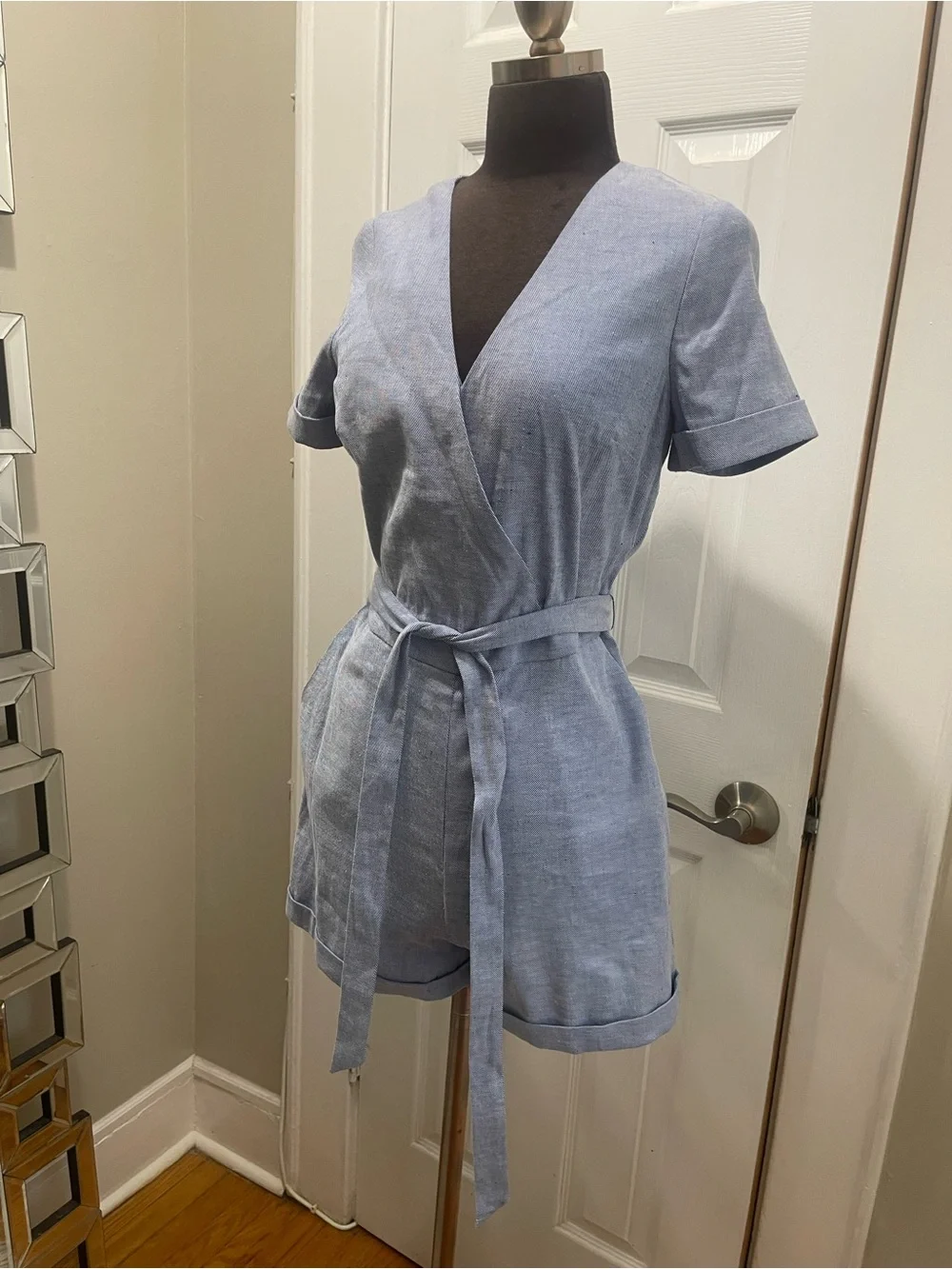 Banana Republic Light Blue Linen Blend Wrap Romper